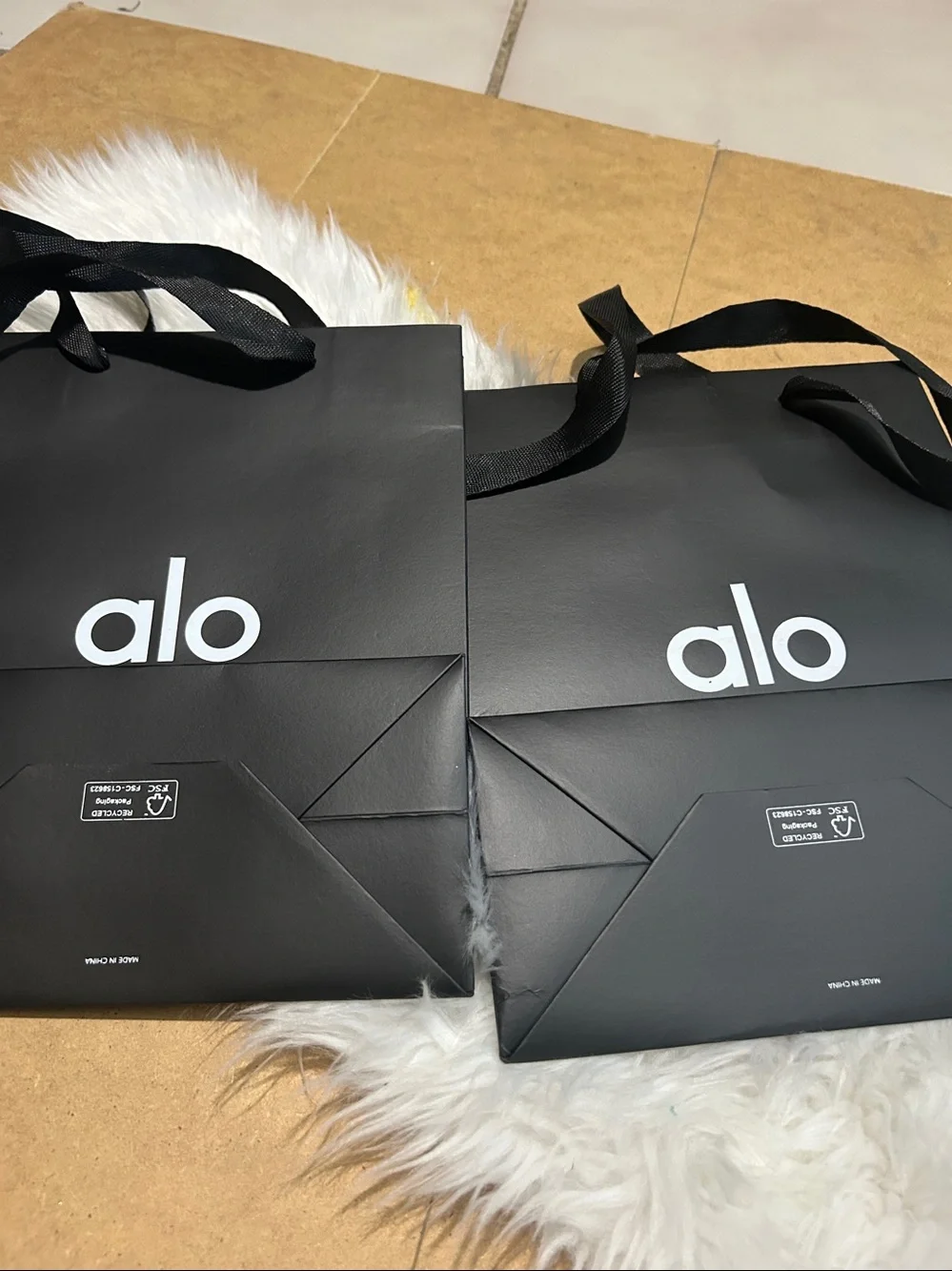 A/O shopping paper bag in black with ribbons handle lot of two 8”x10”